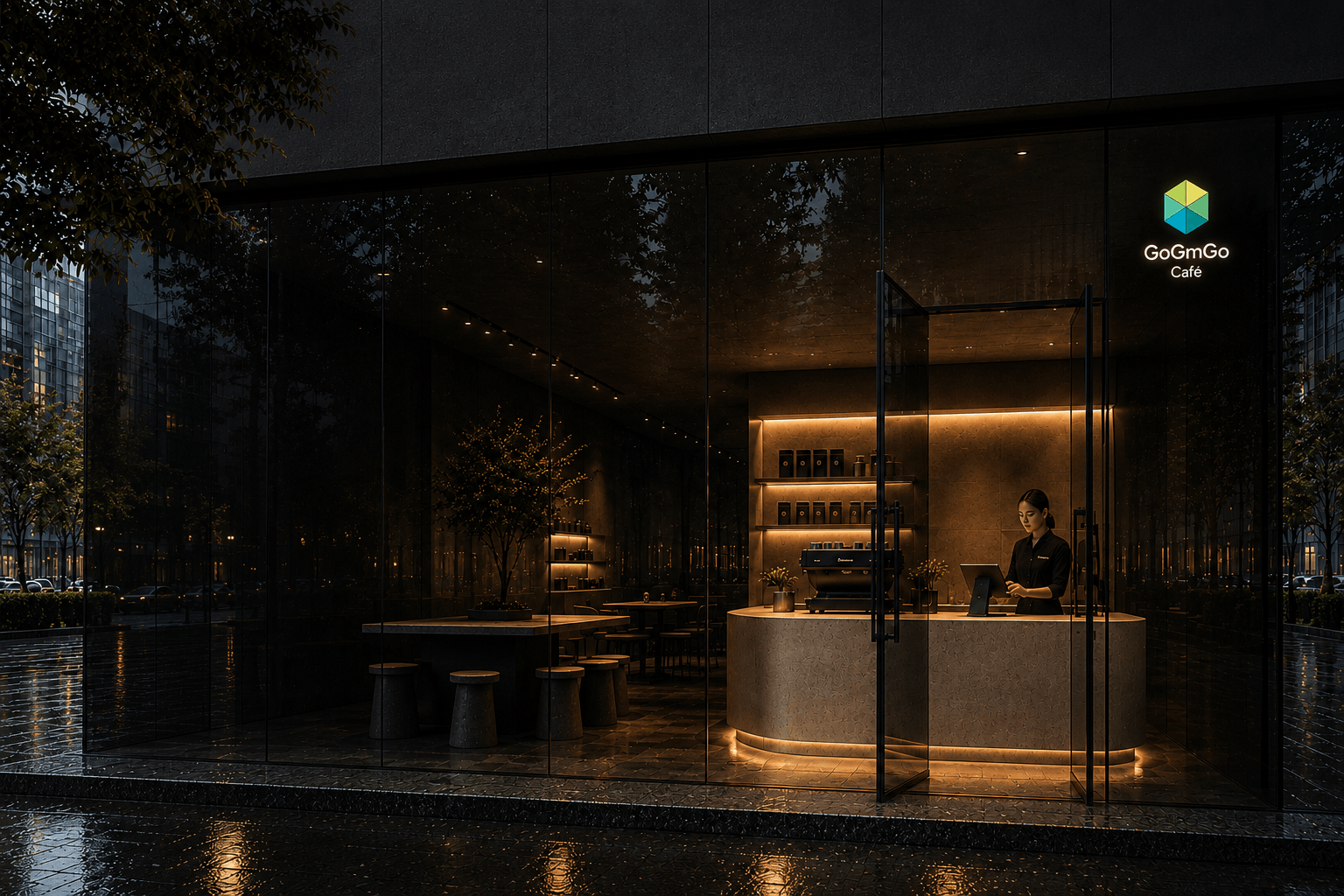 GoGMGo Café exterior at night